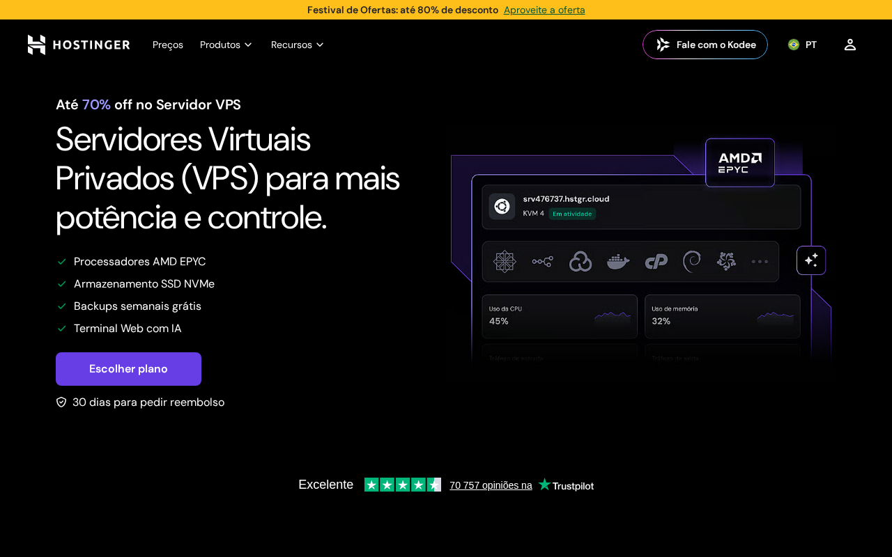Página inicial de VPS da Hostinger