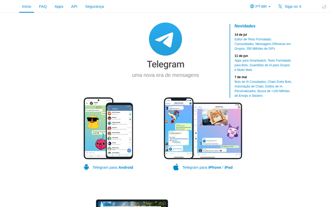 Site oficial do Telegram com links para Android e iPhone